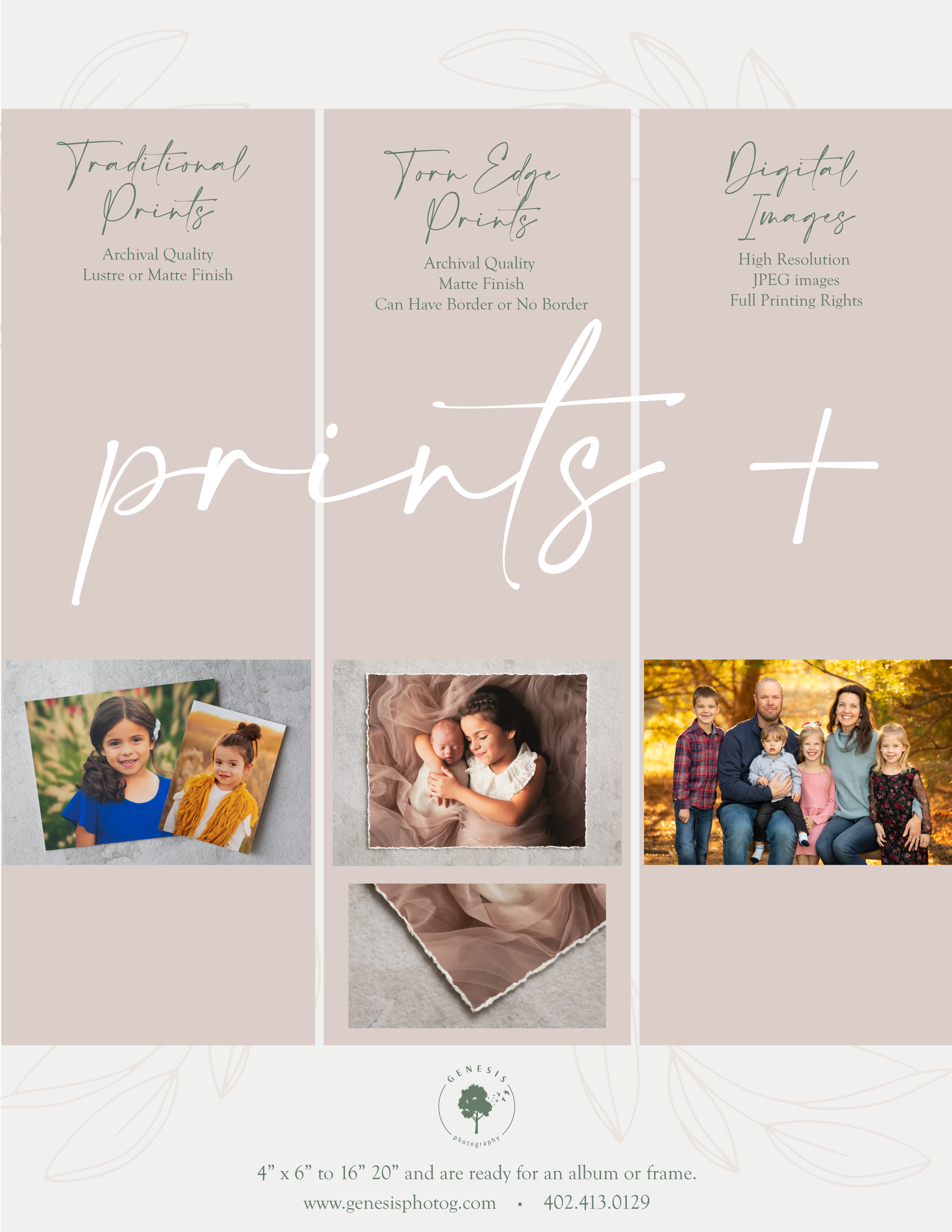 Product Guide for the Prints you can buy from Genesis Photography.